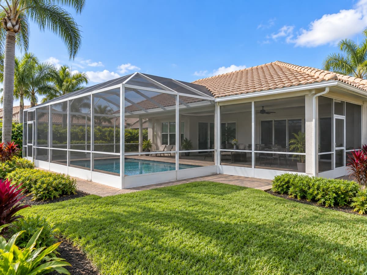 Florida home with a pool screen enclosure and an attached screened lanai