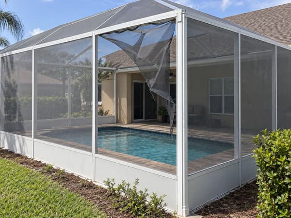 Pool cage with torn screen but a structurally sound frame