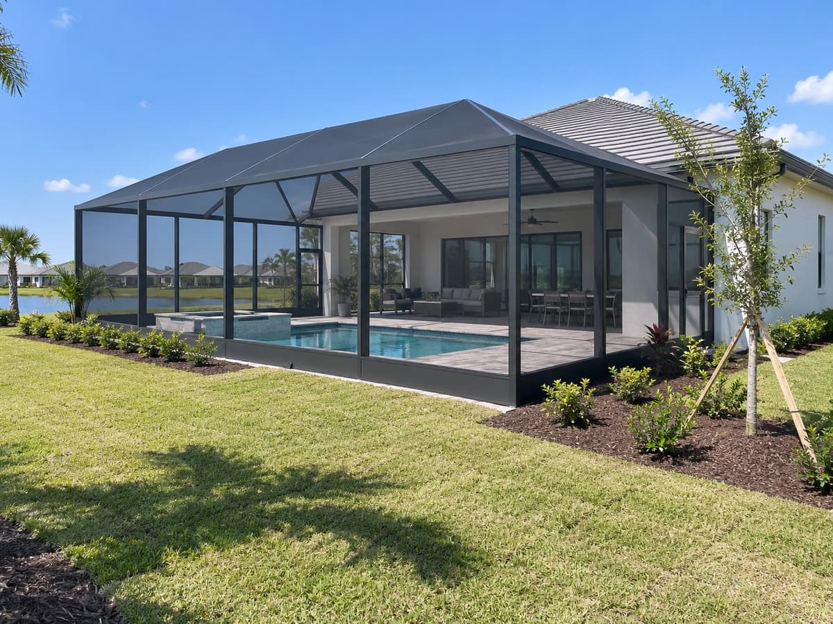 Newly built pool enclosure with a bronze aluminum frame and mansard roof