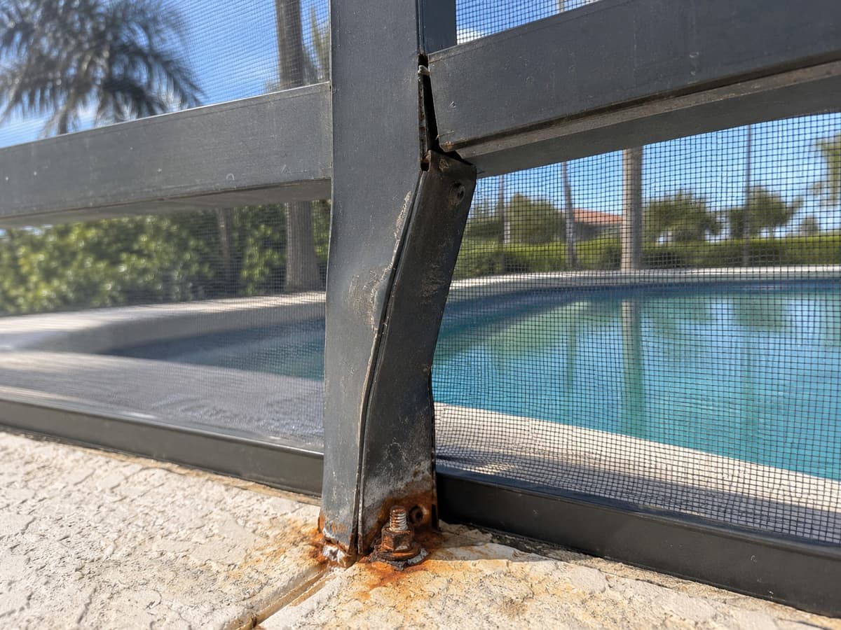 Bent pool cage upright with a corroded anchor bolt and rust staining