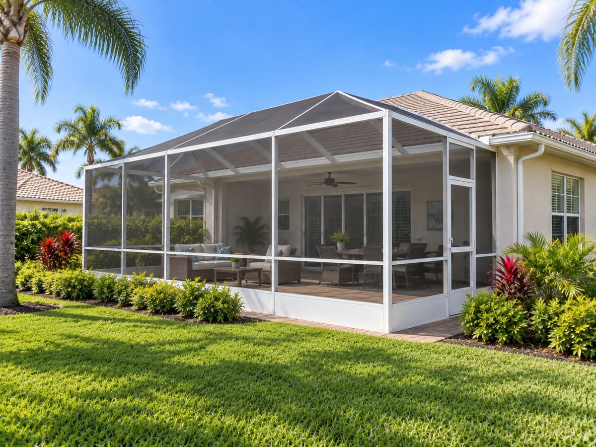 Screened patio enclosure on a Florida home with no swimming pool