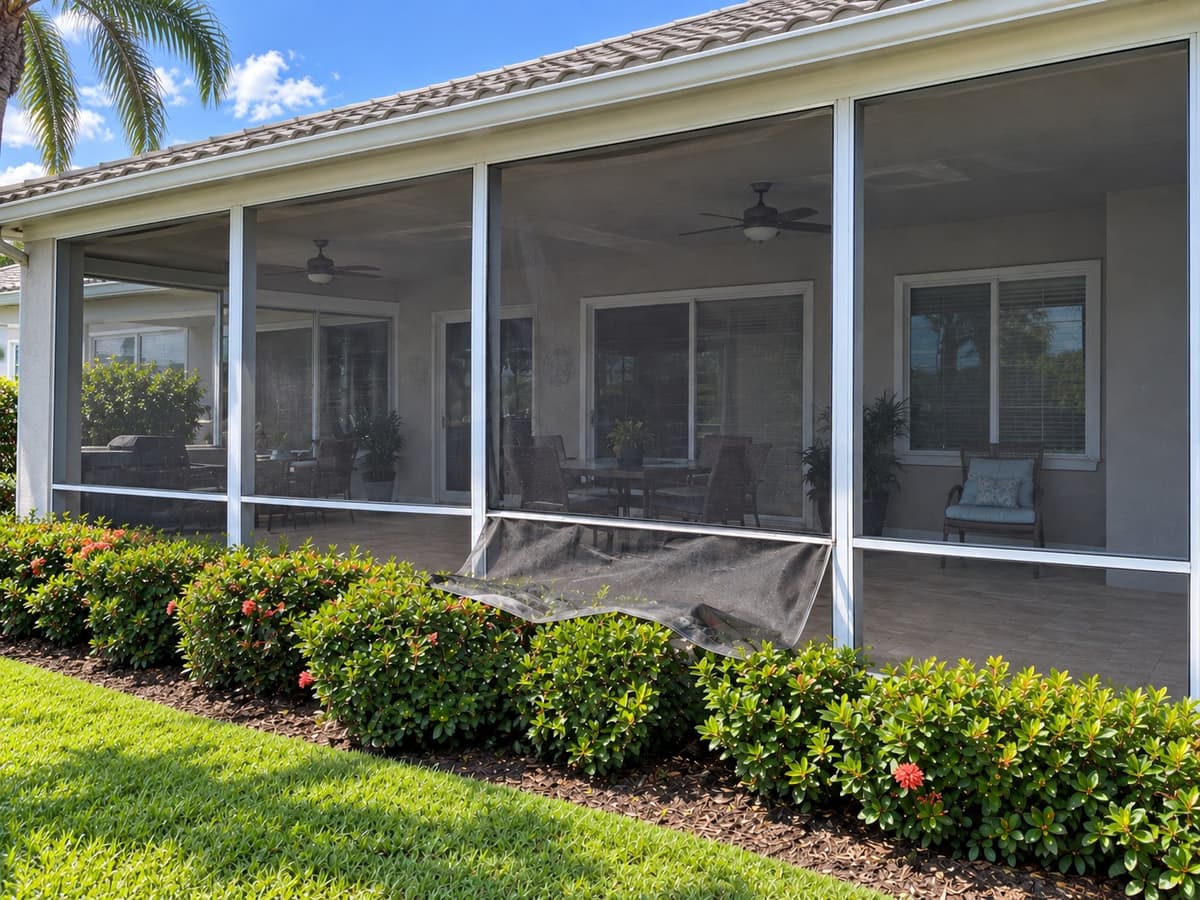 Lanai screen panel detached at the bottom and draped over shrubs
