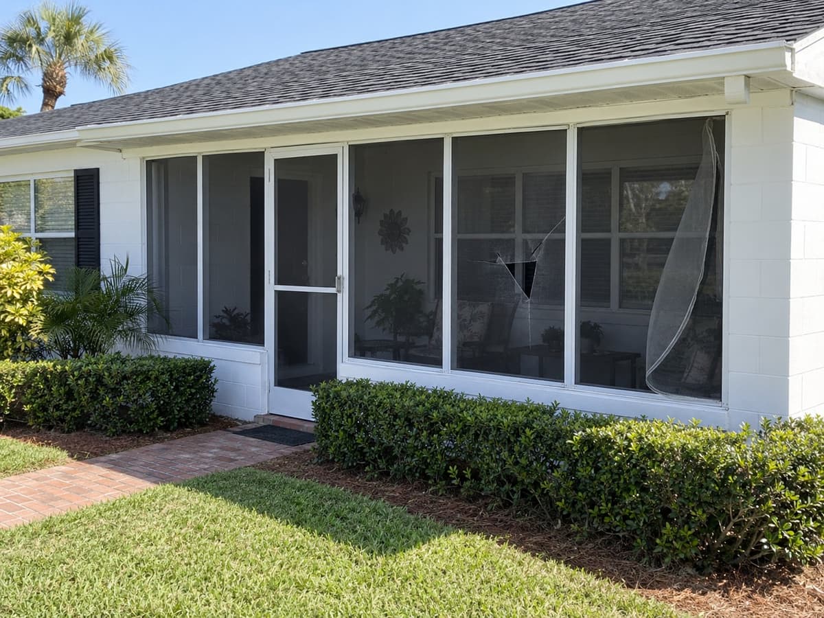 Screened front porch with a torn panel and a panel curling loose