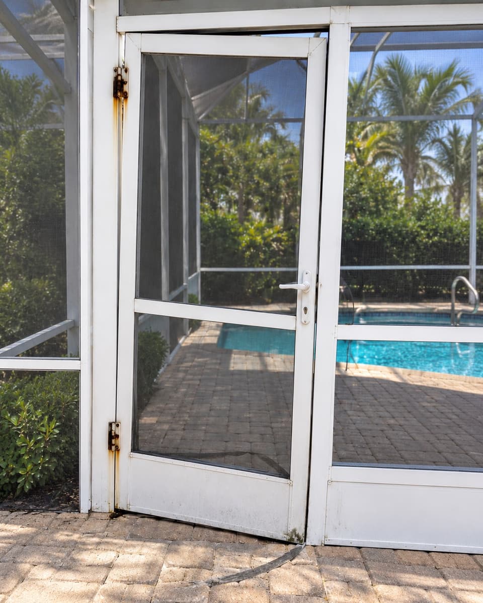 Pool enclosure screen door sagging on its hinges with a gap at the top