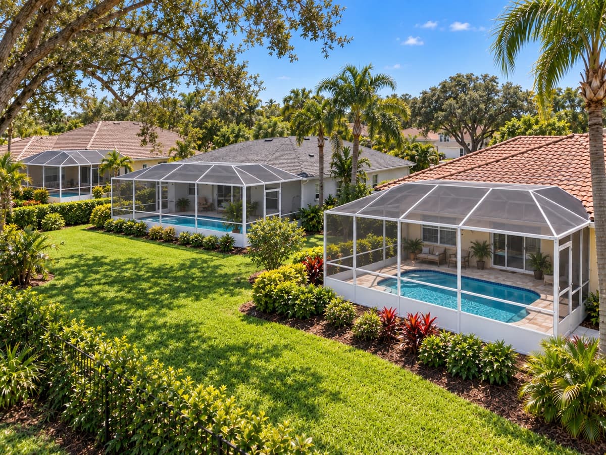 Pool screen enclosures in a Florida neighborhood