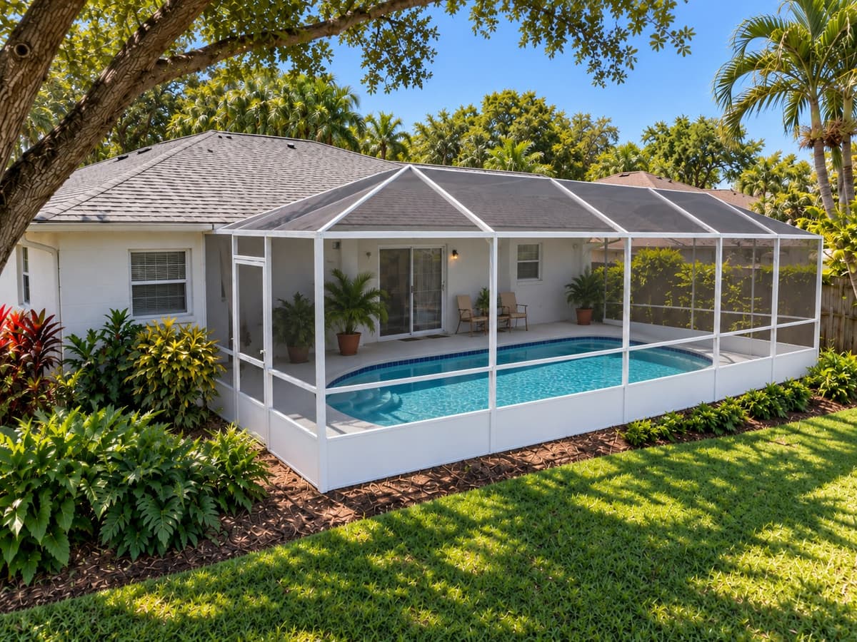 Pool screen enclosure on a Florida home with a shingle roof, under mature oaks with tropical plants