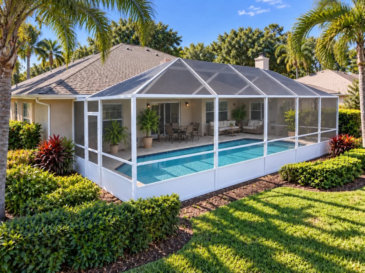 Pool screen enclosure on a Florida home with a gray shingle roof, hedges, and palm trees