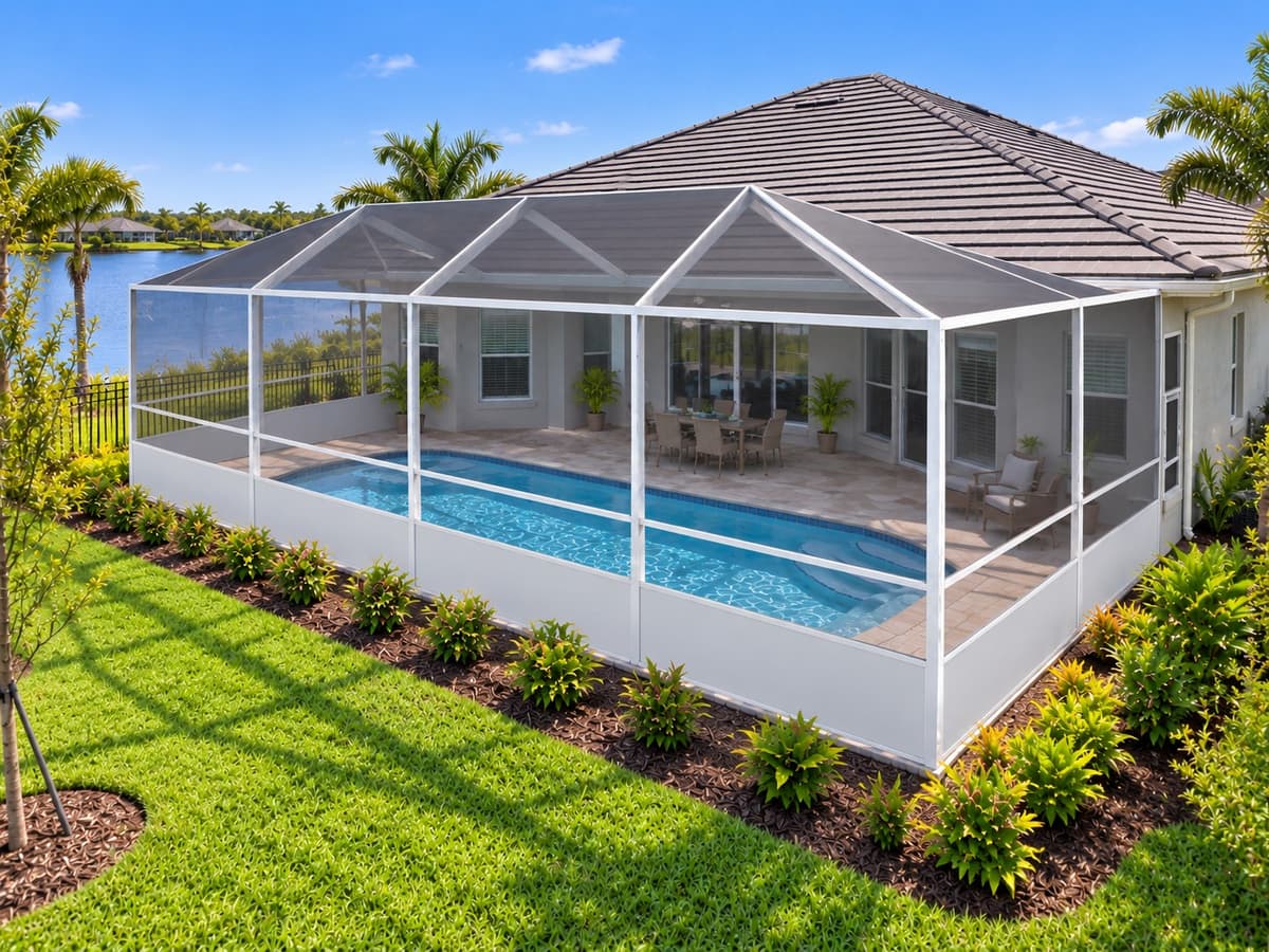 Pool screen enclosure on a newer Florida home with a gray tile roof and a lake behind