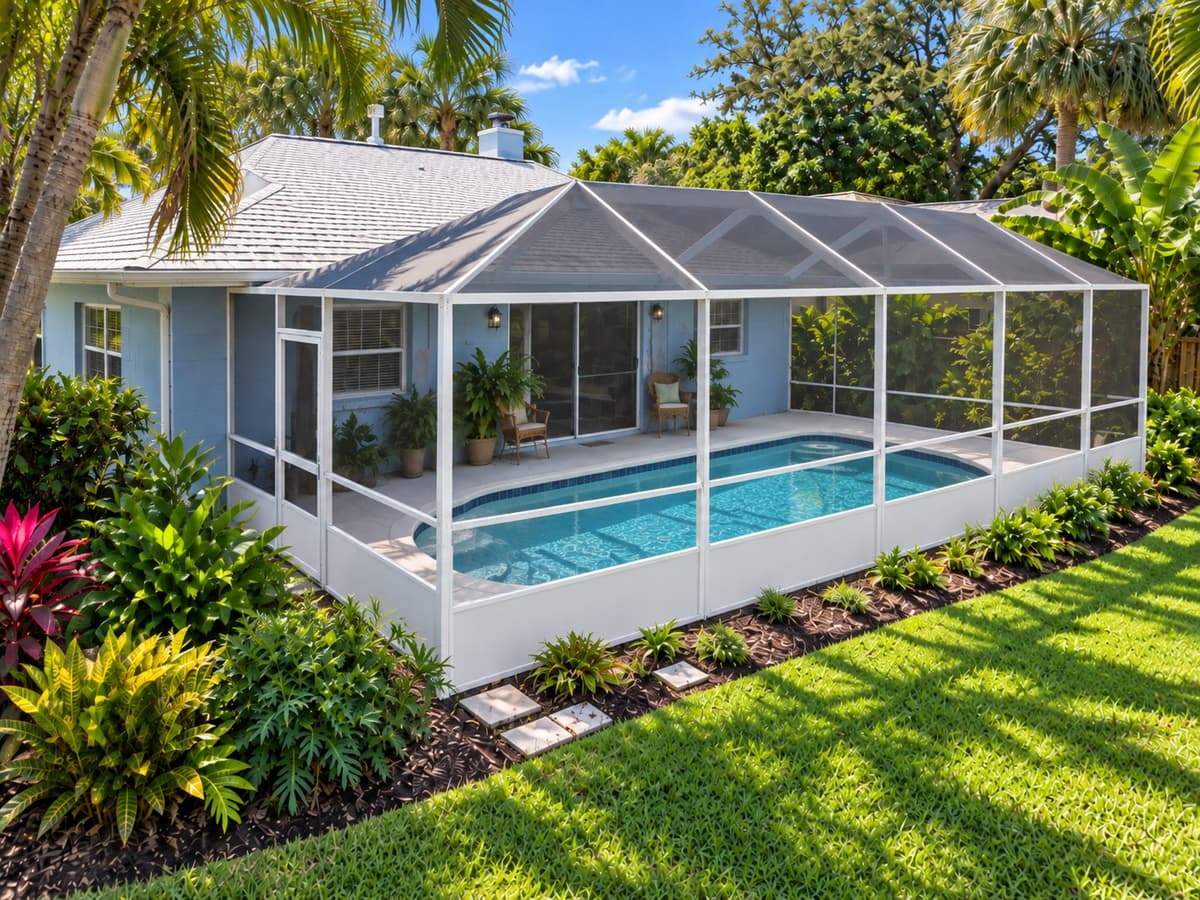 Pool screen enclosure on a light blue Florida home with a large landscaped yard