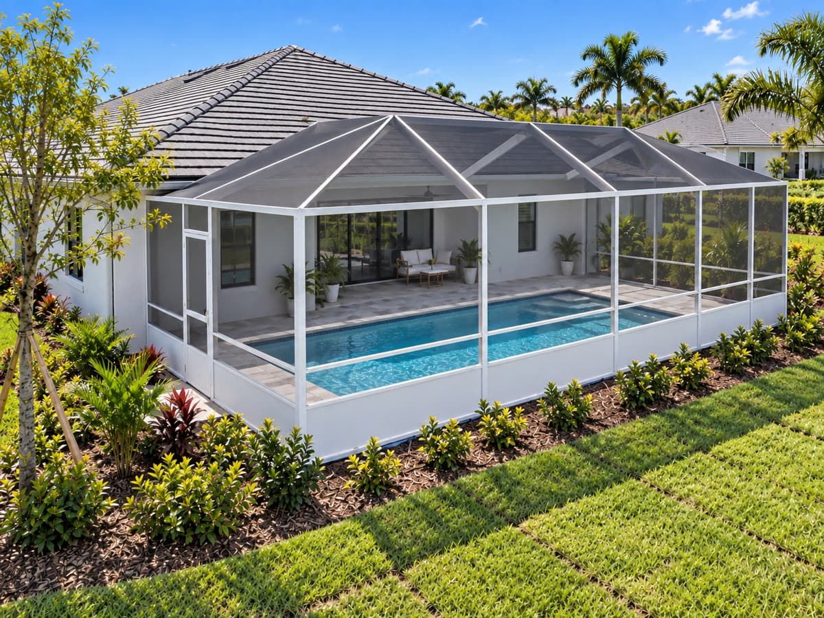 Pool screen enclosure on a newly built Florida home with a young tree and fresh sod
