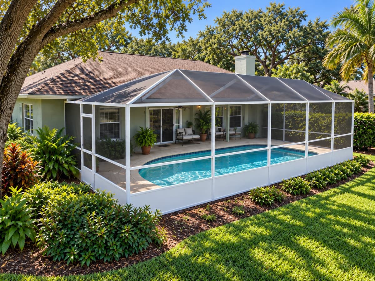 Pool screen enclosure on a Florida home with green stucco walls under a mature oak