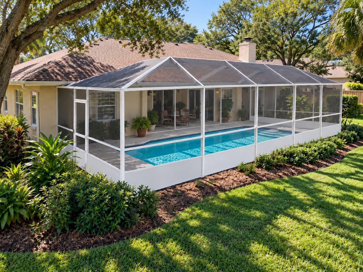Pool screen enclosure with a long narrow pool on a single story Florida home under mature oaks
