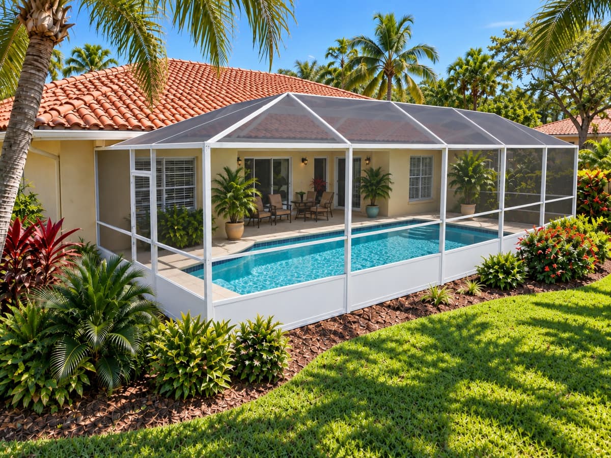 Pool screen enclosure on a Florida home with a terracotta tile roof and tropical landscaping
