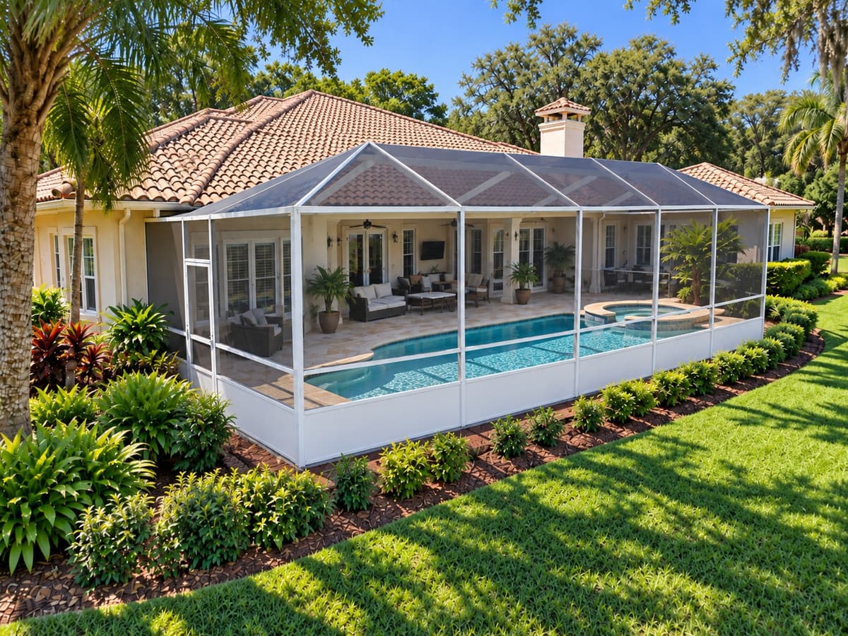 Pool screen enclosure on an older single story Florida home with a tile roof and a chimney