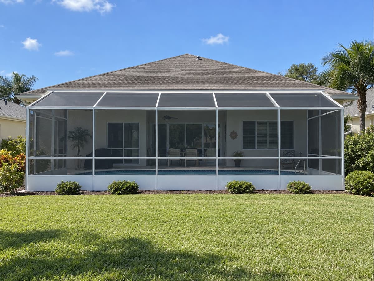 Screen enclosure across the back of a modest single story Florida home with a gray shingle roof
