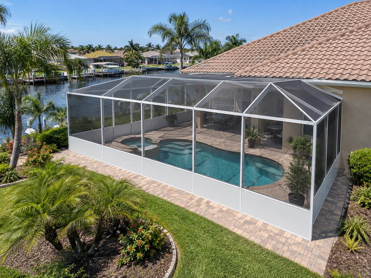 Pool screen enclosure on a Florida home with a tile roof and a canal with boat docks behind