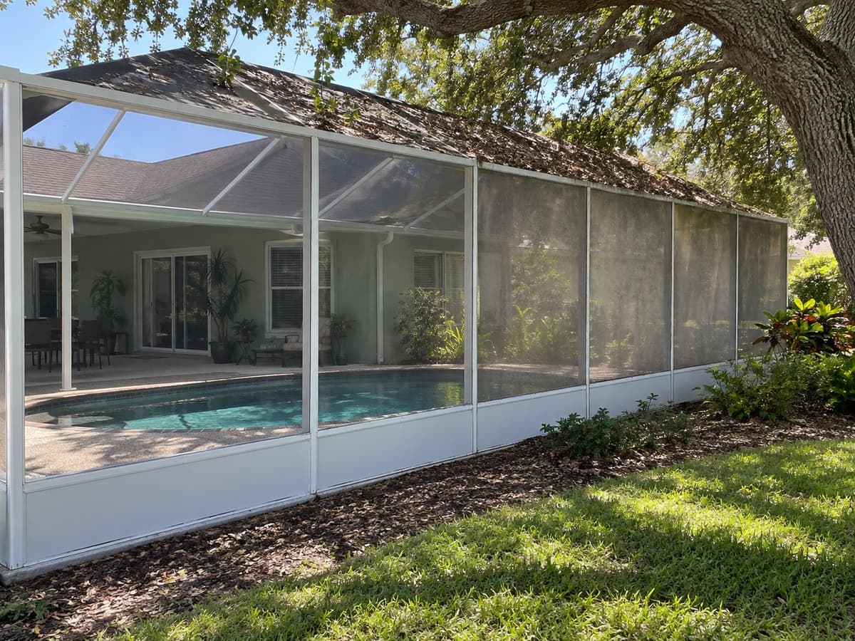 Aging pool cage with faded screen under an overhanging oak