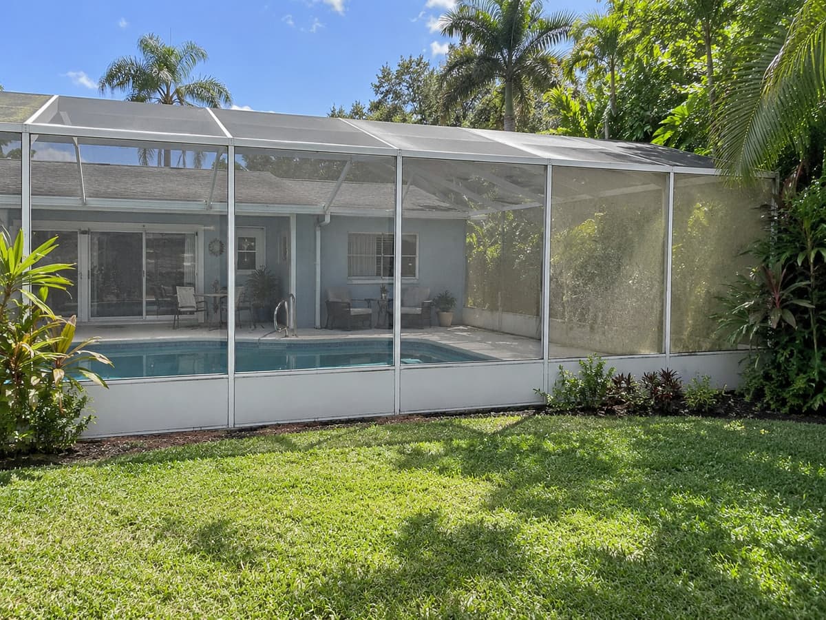 Pool cage with yellowed screen panels and dense growth behind it