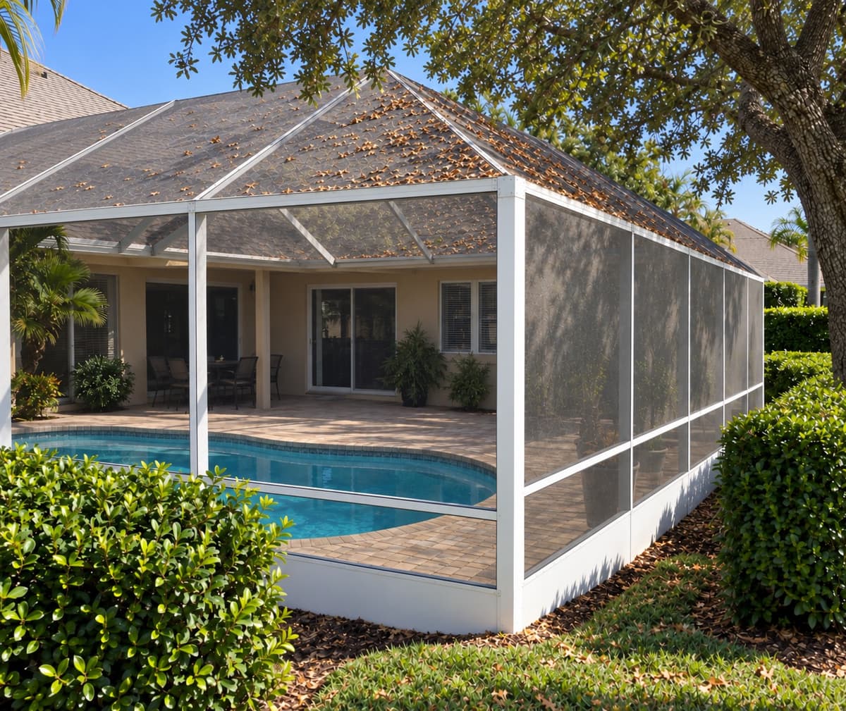 Pool cage with leaf debris on the roof and cloudy screen