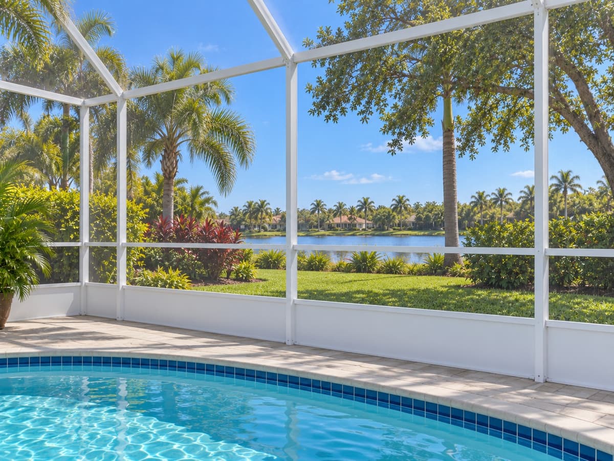 View from inside a Florida pool enclosure showing frame and screen