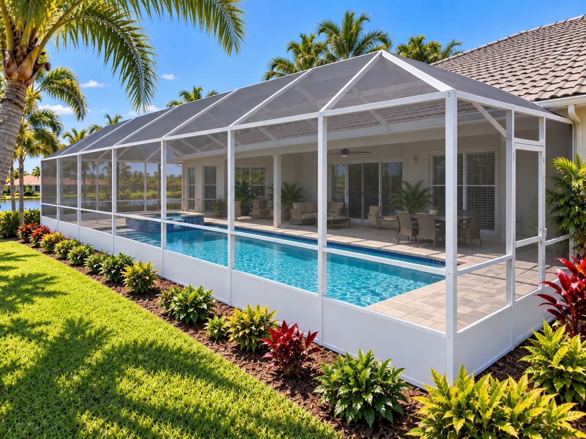 Side view of a pool cage showing the full aluminum frame structure
