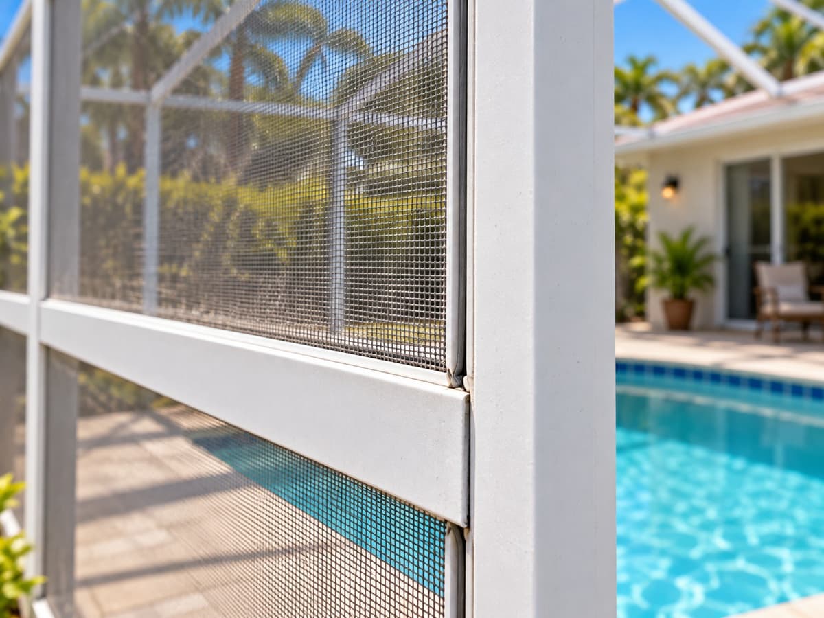 Close view of pool enclosure screen mesh in its spline channel
