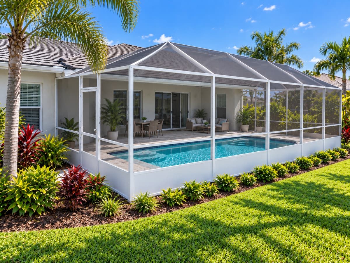 Newly built pool screen enclosure on a recently completed Florida home