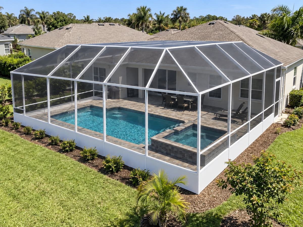 Large pool screen enclosure over a pool and spa on a suburban home