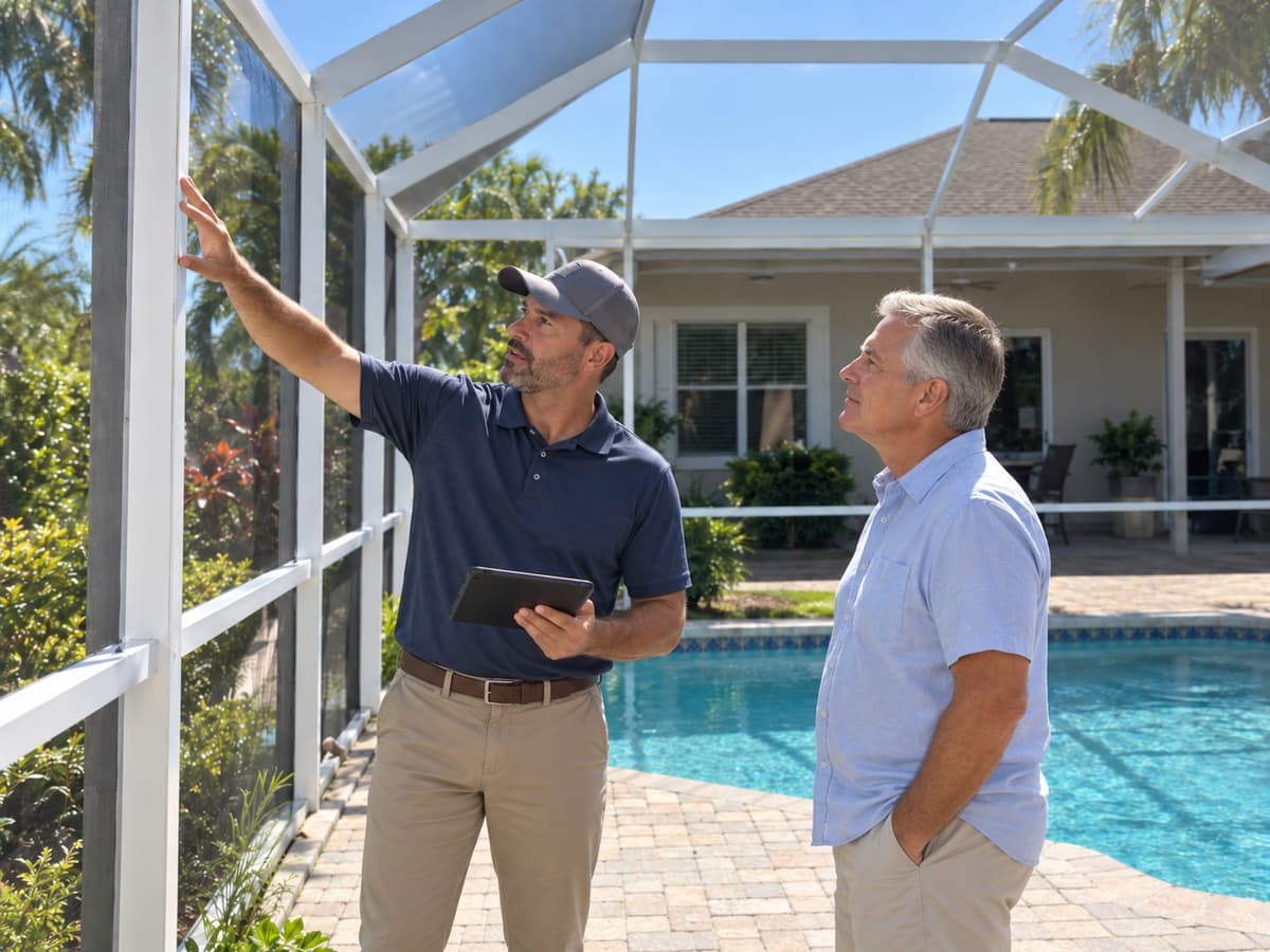 A contractor showing a homeowner a section of their pool screen enclosure