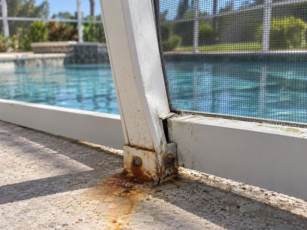 Close view of a bent pool cage upright and corroded anchor bracket